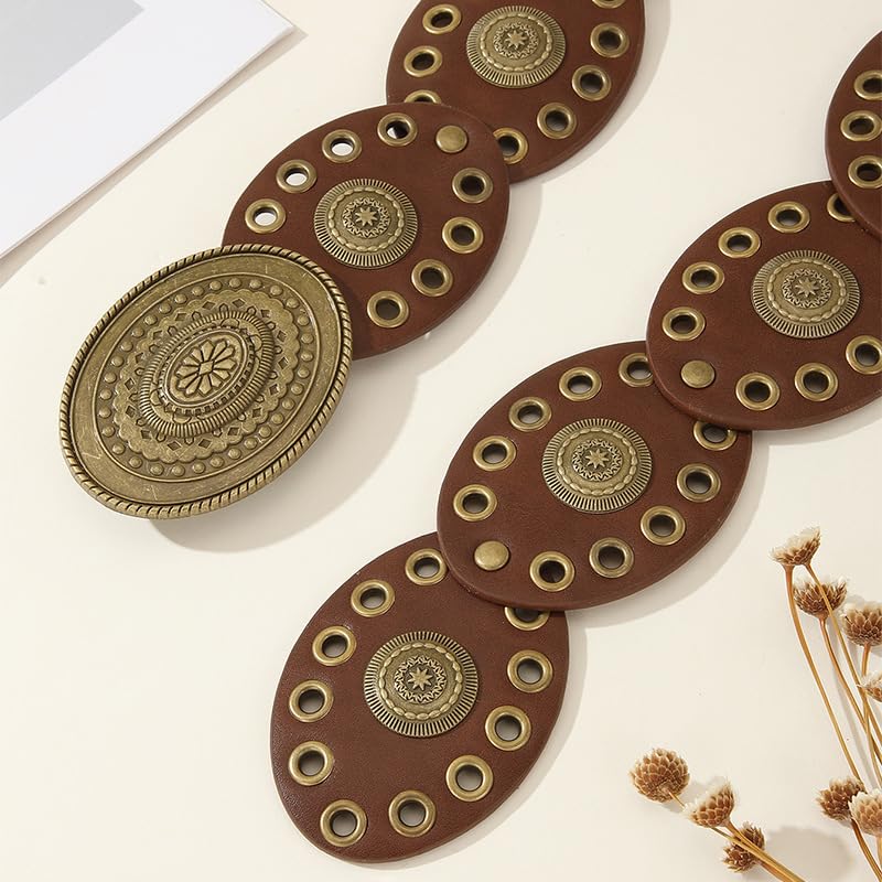 Mealah Women Western-Belts Wide-Hollow-Disc-Leather-Belt Metal Buckle Vintage Soft Belt for Jeans Dresses - Image 3