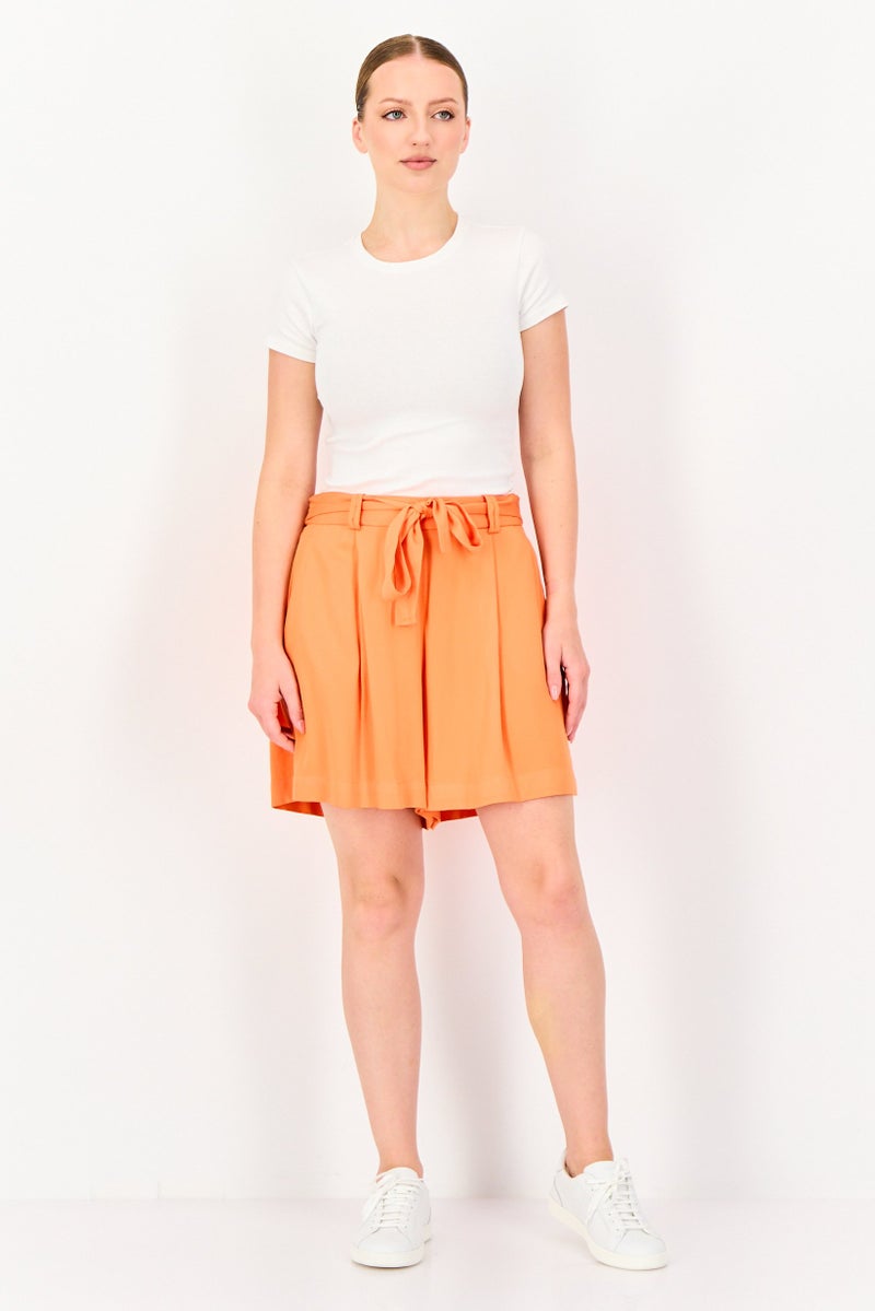 promod Women Plain Belted Basic Shorts, Orange - Image 4