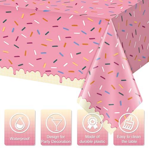 Hallswl 3Pcs Sprinkle Donut Tablecloth, Pink Ice Cream Table Cloth Disposable Plastic Rectangle Table Covers for Baby Girl Sweet One Birthday Donut Grow Up Donut Themed Party Decorations, 54 X 108 Inch - Image 3