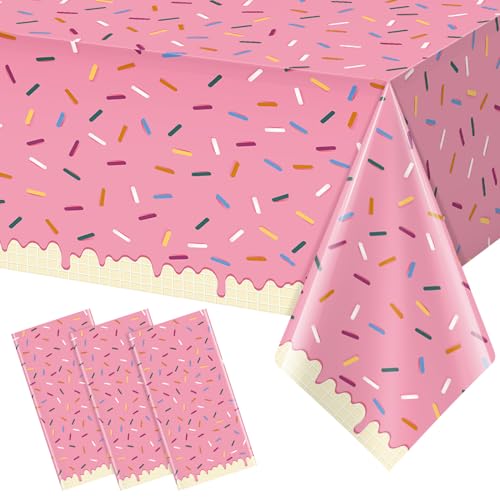 Hallswl 3Pcs Sprinkle Donut Tablecloth, Pink Ice Cream Table Cloth Disposable Plastic Rectangle Table Covers for Baby Girl Sweet One Birthday Donut Grow Up Donut Themed Party Decorations, 54 X 108 Inch - Image 1