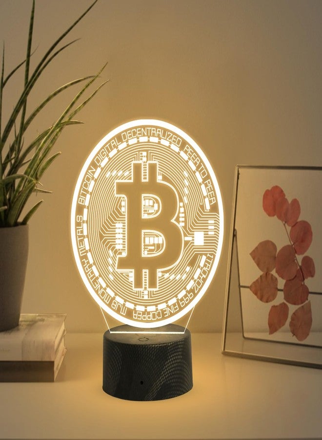 GIFTMEBAZAR مصباح طاولة LED ثلاثي الأبعاد بتصميم شعار بيتكوين، يعمل بمنفذ USB، مزود بإضاءة بيضاء دافئة وزر تشغيل/إيقاف يعمل باللمس | مصباح ليلي لغرفة النوم | هدية مثالية لمحبي العملات الرقمية - Image 1