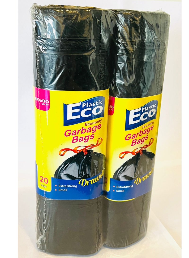 ECO Plastic Pack of 2 Drawstring Garbage Bag 20 pieces Black 60x90cm Extra Strong (Small)  - Image 1