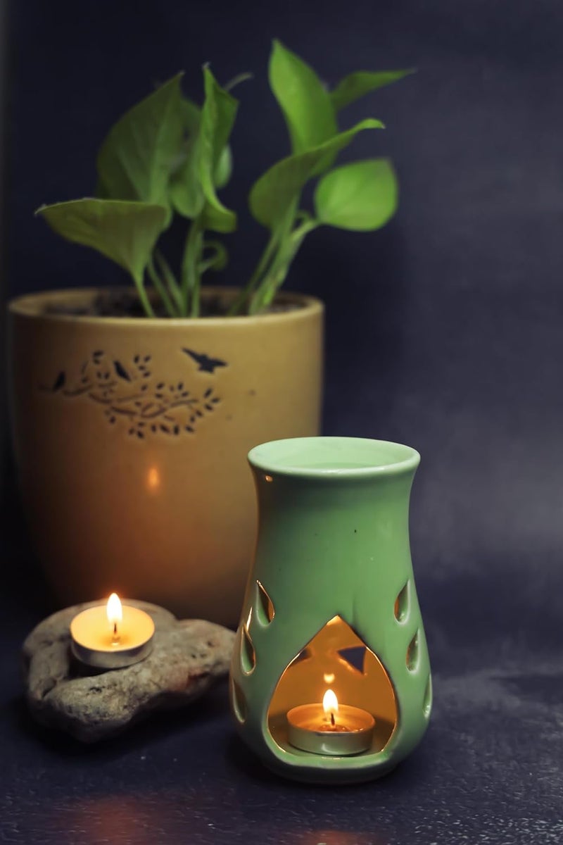 Plavam Ceramic Clay Candle Aroma Diffuser Tripod Diya Diffuser Tealight Aroma Oil Burner and Warmer Lamp for Gifting Home Fragrance Aromatherapy Home Decor Green - Image 3