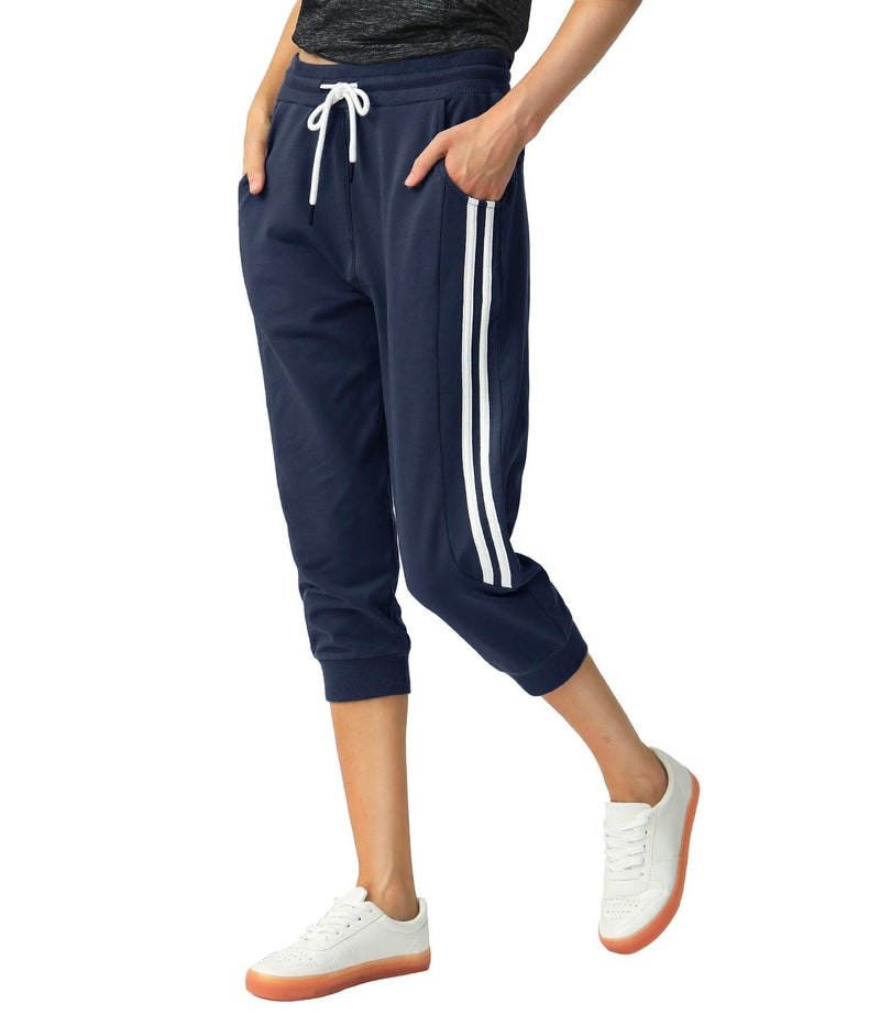 SPECIALMAGIC Women's Capri Pants Cropped Joggers with Pockets Elastic Waist Drawstring Capri Sweatpants Navy Large - Image 4