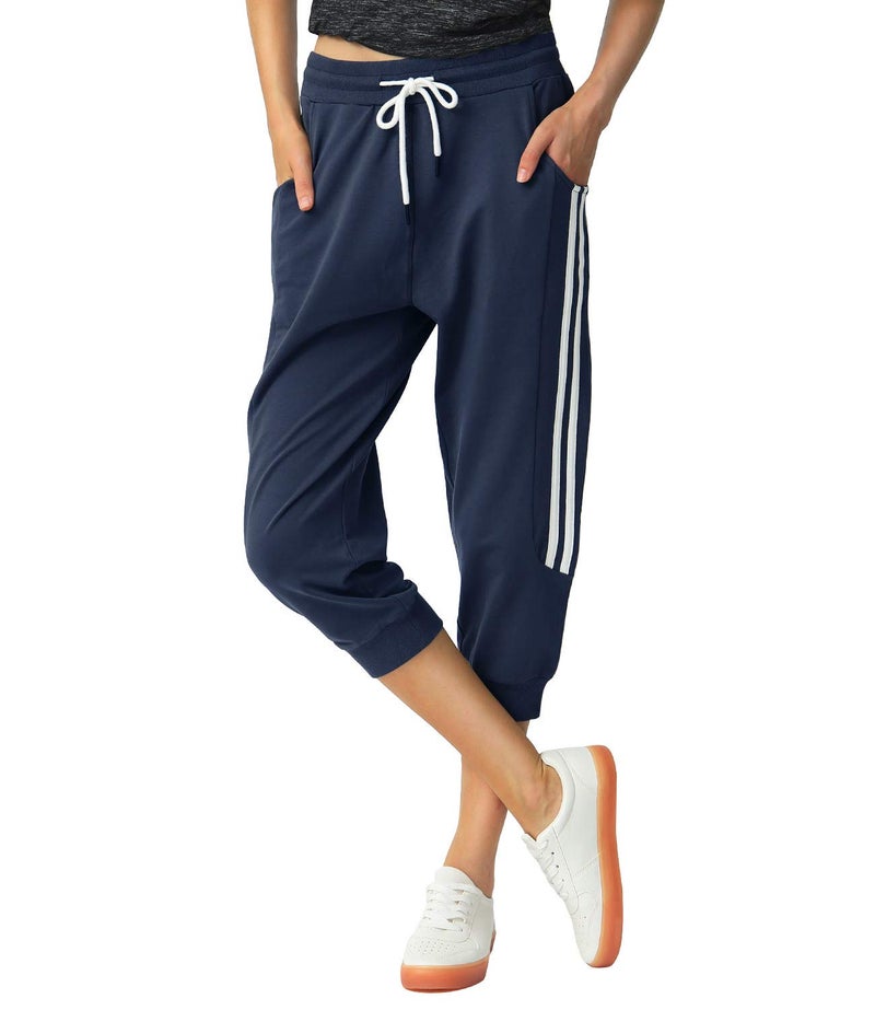 SPECIALMAGIC Women's Capri Pants Cropped Joggers with Pockets Elastic Waist Drawstring Capri Sweatpants Navy Large - Image 1