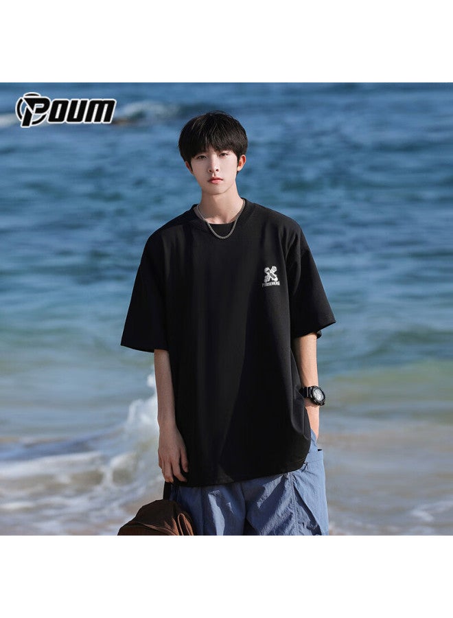 Poum American Retro Pure Cotton Short-sleeve T-shirt For Men And Women, Summer Trendy Loose-fit Large Size Casual Top Ph16 Black L - Image 2