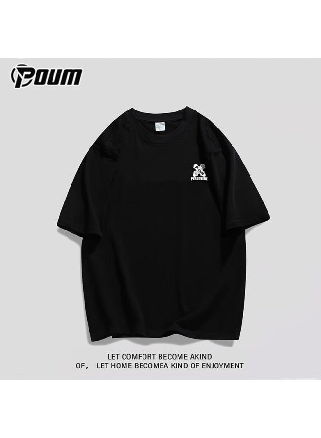 Poum American Retro Pure Cotton Short-sleeve T-shirt For Men And Women, Summer Trendy Loose-fit Large Size Casual Top Ph16 Black L - Image 3