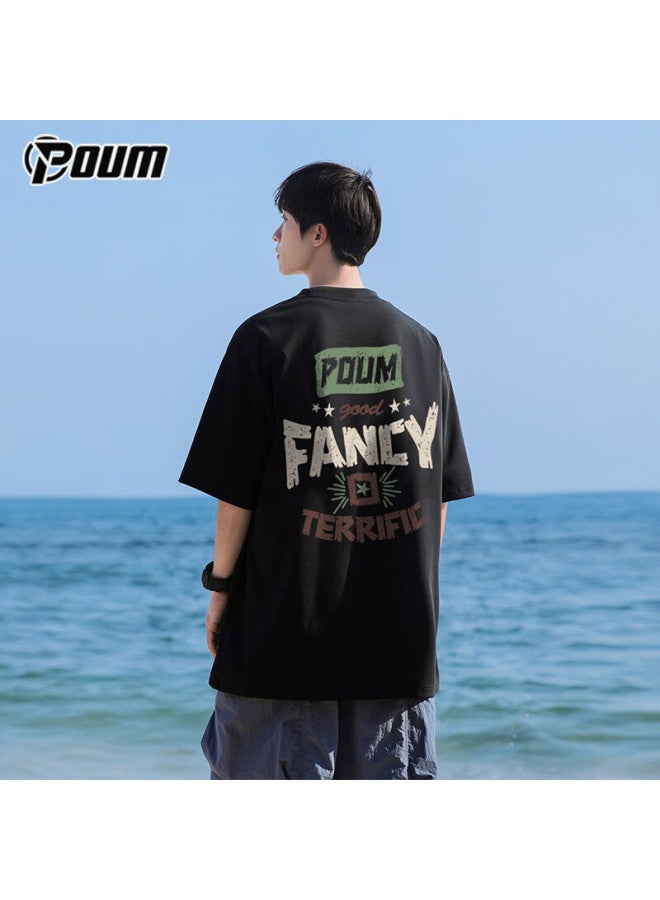 Poum American Retro Pure Cotton Short-sleeve T-shirt For Men And Women, Summer Trendy Loose-fit Large Size Casual Top Ph16 Black L - Image 1