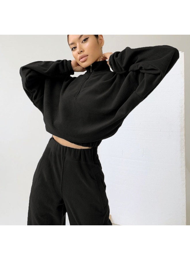 NIBEMINENT Fashion Solid 2 Piece Set Women Zipper Stand Collar Tops&Pants Set Autumn Winter Splice Full Sleeve Elastic Waist Long Pants Set - Image 1