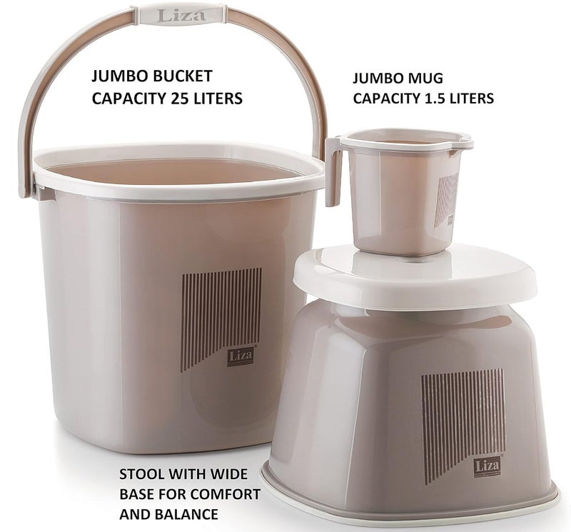 Liza Opera 3 Jumbo Plastic Bathroom Set 3Pc Bathroom Set, 25 litres Bucket, Batla/Big Stool, 1.5 litres Mug, for Home & Kitchen, Bahtroom Bucket for Bathroom, Bathroom Set (Jumbo Opera 3 - Beige) - Image 2