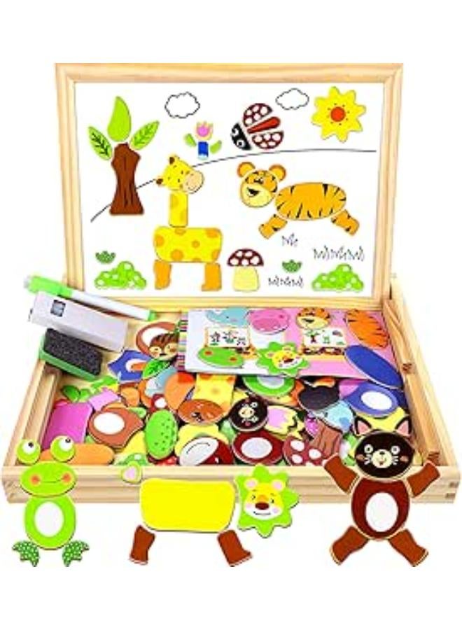 100+ Pieces Magnetic Wooden Jigsaw Animal Jigsaw with Chalkboard Easel Double-Sided Educational Toys for Toddler Children Girl 3+ Years Old