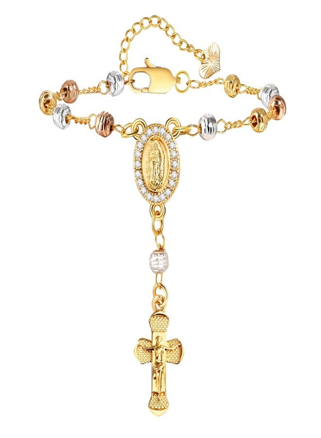 FLHEART Catholic Crucifix Gifts Rosary Bracelet for Women-14K Gold Virgin Mary Jesus Cross Charm Link Chain, Dainty Virgen de Guadalupe Religious Gift for Confirmation Baptism First Communion Easter - Image 1