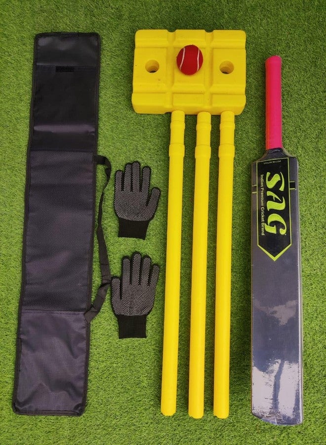 SAG Tenni Cricket Bat and Stump Combo Set with Ball, Yellow Stumps, Gloves and Carry Bag - Image 1