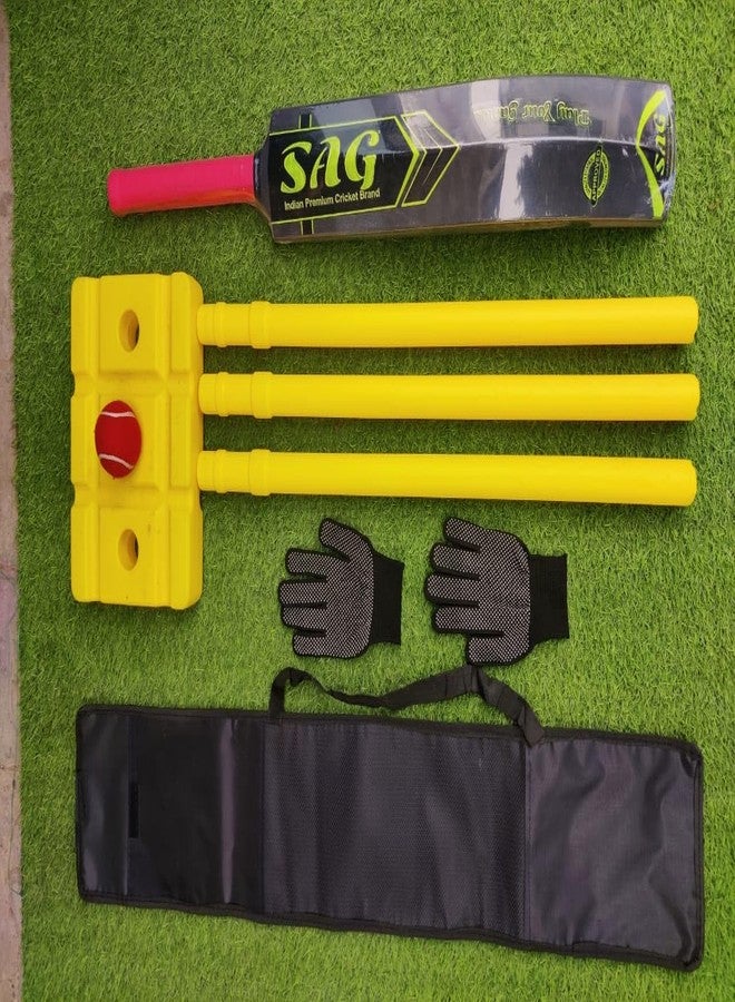 SAG Tenni Cricket Bat and Stump Combo Set with Ball, Yellow Stumps, Gloves and Carry Bag - Image 2