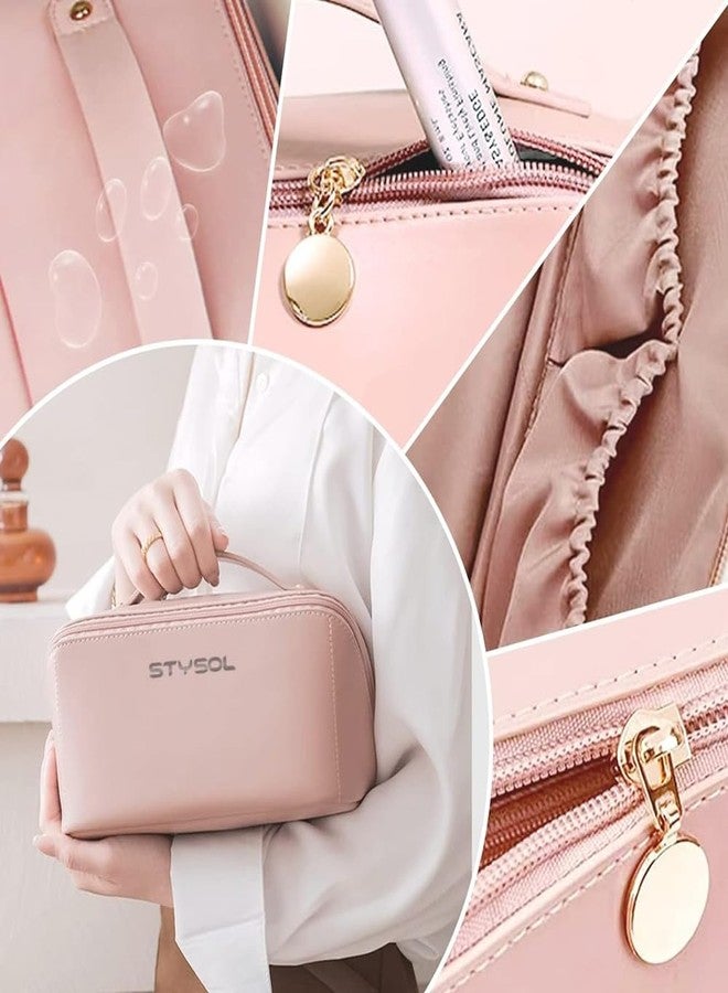 Stysol حقيبة سفر ستايسول، منظم سفر كبير السعة للنساء، حقيبة محمولة مقاومة للماء، حقيبة أدوات تجميل مفتوحة ومسطحة مع فاصل ومقبض، لون وردي - Image 2