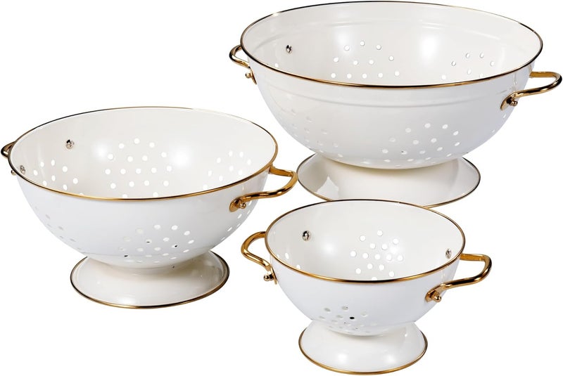 BeFare Metal Colander Set of 3, Strainer Basket with Handles perfect for Spaghetti, Pasta, Berry, Vegetable, Fruit, Solid Base Powder Coated Kitchen Essential Strainer Set, 1 & 3.5 & 5 Qt (Cream) - Image 1