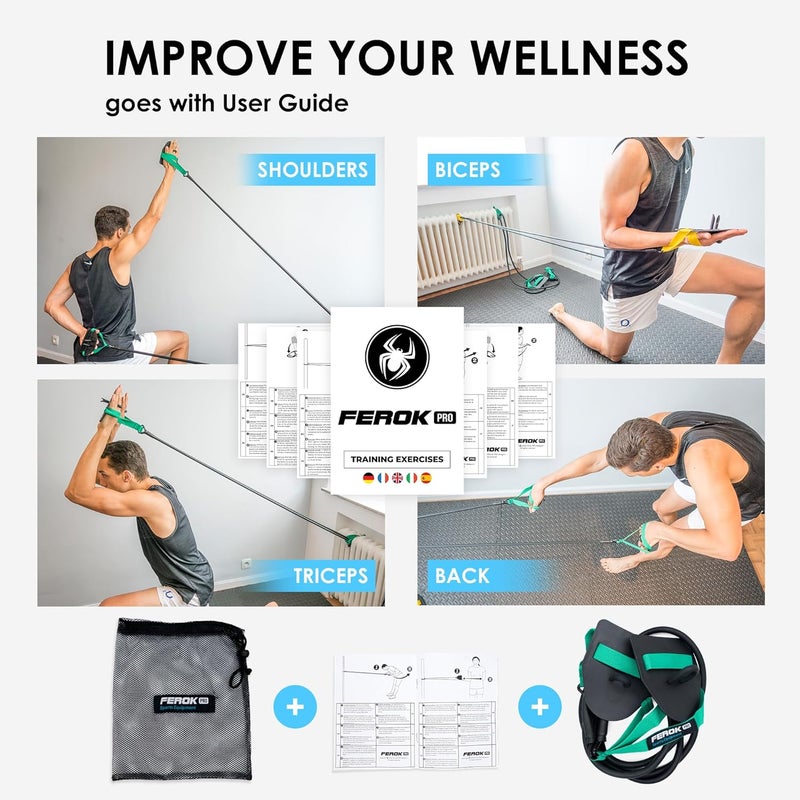 FEROK PRO Swimming Resistance Band with Hand Paddles, Stretch Cord, Fitness Bands for Swimming, Training Equipment, Arm Strength Exercise, Powercord - Including Exercises - Medium Green - Image 2