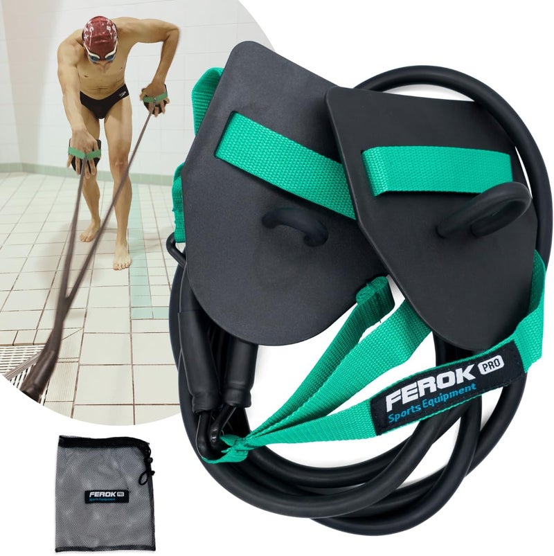 FEROK PRO Swimming Resistance Band with Hand Paddles, Stretch Cord, Fitness Bands for Swimming, Training Equipment, Arm Strength Exercise, Powercord - Including Exercises - Medium Green - Image 1