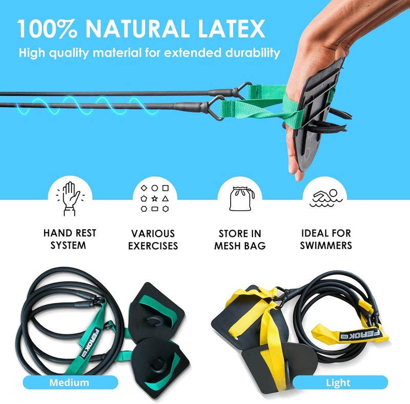 FEROK PRO Swimming Resistance Band with Hand Paddles, Stretch Cord, Fitness Bands for Swimming, Training Equipment, Arm Strength Exercise, Powercord - Including Exercises - Medium Green - Image 3