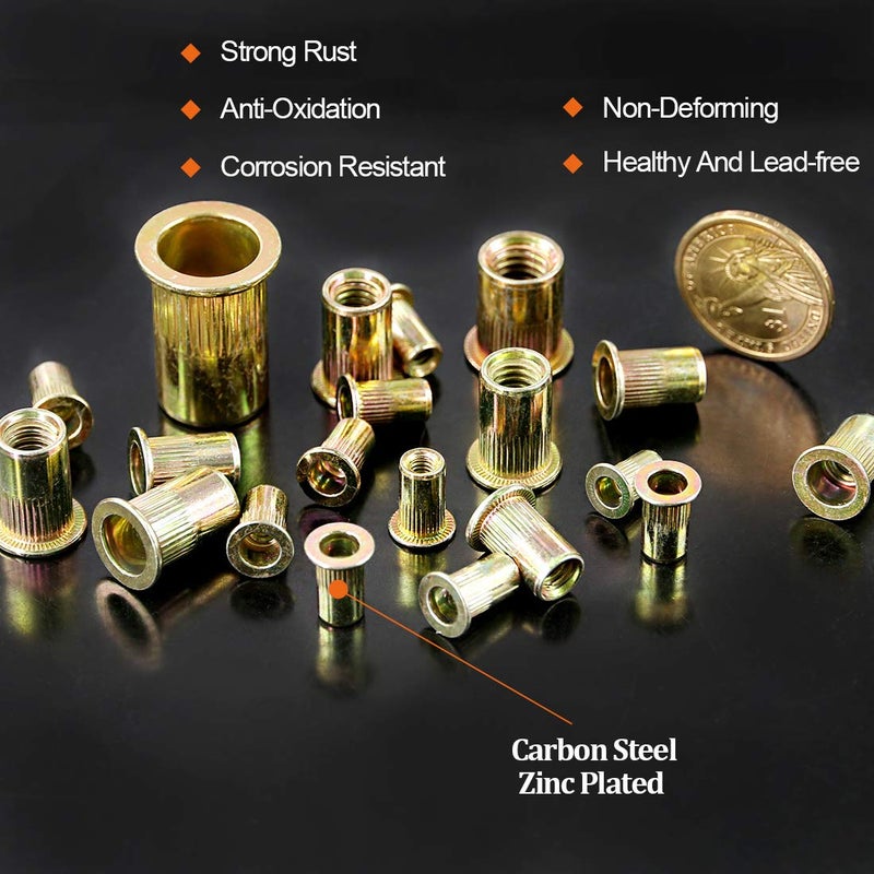Rustark 220-Pcs Assort 8-32UNC 10-24UNC 1/4"-20UNC 5/16"-18UNC 3/8"-16UNC 1/4''-20UNC 5-32''-32UNC Mixed Zinc Plated Carbon Steel Rivet Nut Flat Head Insert Nutsert Assortment Kit - Image 3