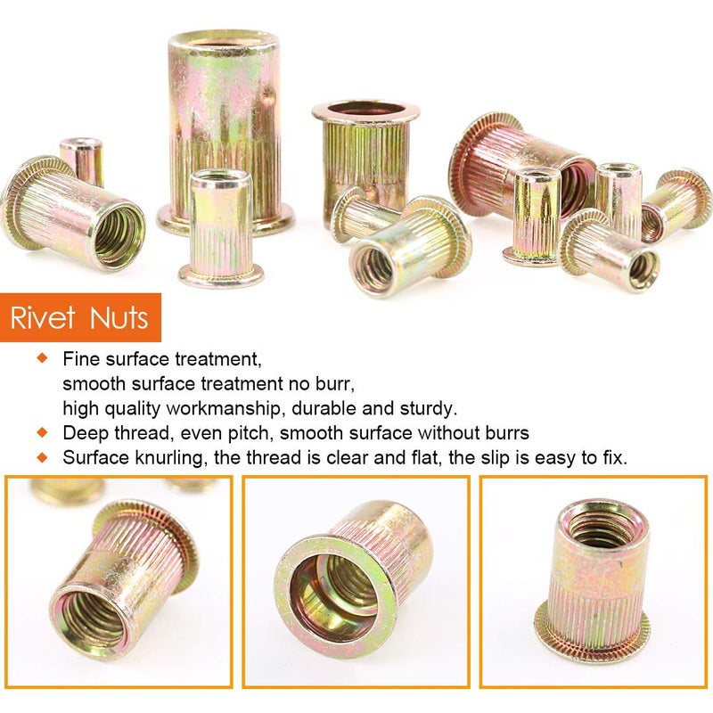 Rustark 220-Pcs Assort 8-32UNC 10-24UNC 1/4"-20UNC 5/16"-18UNC 3/8"-16UNC 1/4''-20UNC 5-32''-32UNC Mixed Zinc Plated Carbon Steel Rivet Nut Flat Head Insert Nutsert Assortment Kit - Image 4