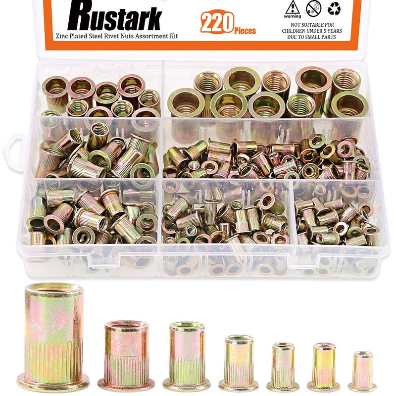 Rustark 220-Pcs Assort 8-32UNC 10-24UNC 1/4"-20UNC 5/16"-18UNC 3/8"-16UNC 1/4''-20UNC 5-32''-32UNC Mixed Zinc Plated Carbon Steel Rivet Nut Flat Head Insert Nutsert Assortment Kit - Image 1