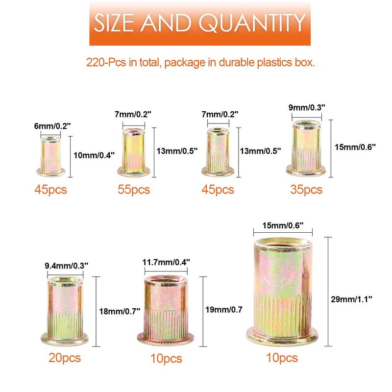 Rustark 220-Pcs Assort 8-32UNC 10-24UNC 1/4"-20UNC 5/16"-18UNC 3/8"-16UNC 1/4''-20UNC 5-32''-32UNC Mixed Zinc Plated Carbon Steel Rivet Nut Flat Head Insert Nutsert Assortment Kit - Image 2