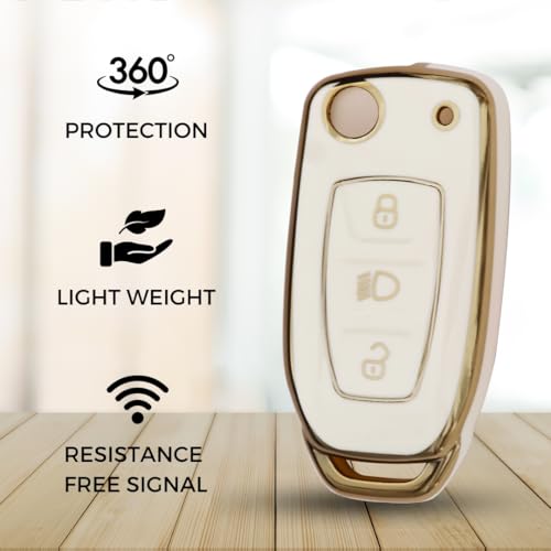 Keycept Gold Line TPU Key Cover Compatible for Tata Zest | Altroz | Tiago | Punch | Harrier | Safari | Tigor | Hexa | Nexon | Bolt | Storme 3 button Flip Key with Keychain. (Type 1, White) - Image 4
