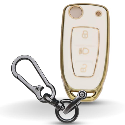 Keycept Gold Line TPU Key Cover Compatible for Tata Zest | Altroz | Tiago | Punch | Harrier | Safari | Tigor | Hexa | Nexon | Bolt | Storme 3 button Flip Key with Keychain. (Type 1, White) - Image 1