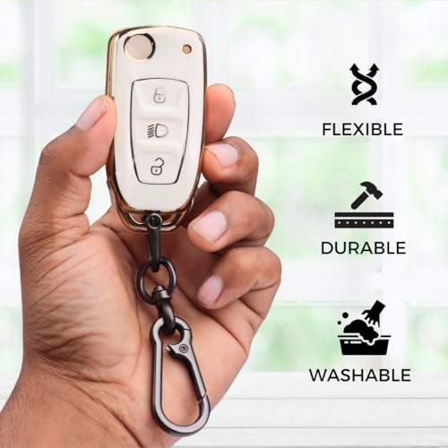 Keycept Gold Line TPU Key Cover Compatible for Tata Zest | Altroz | Tiago | Punch | Harrier | Safari | Tigor | Hexa | Nexon | Bolt | Storme 3 button Flip Key with Keychain. (Type 1, White) - Image 3
