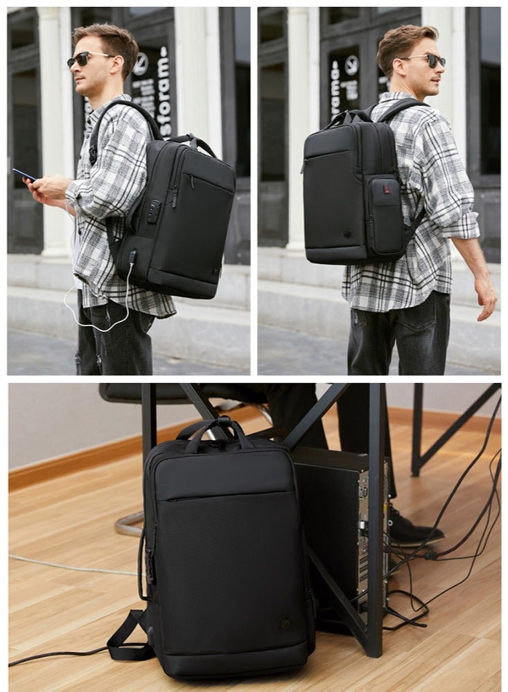 Golden Wolf Anti Theft Business Travel Expandable Laptop Backpack, Student Work Study Satchel with USB Charging Port for Men, Black - Image 2