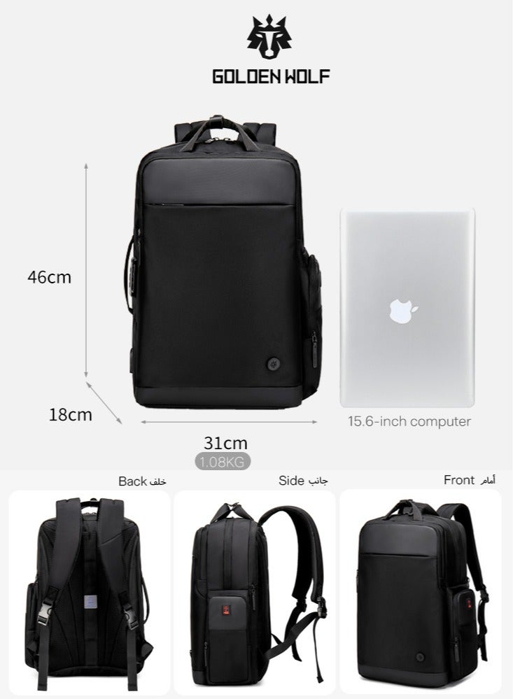 Golden Wolf Anti Theft Business Travel Expandable Laptop Backpack, Student Work Study Satchel with USB Charging Port for Men, Black - Image 3