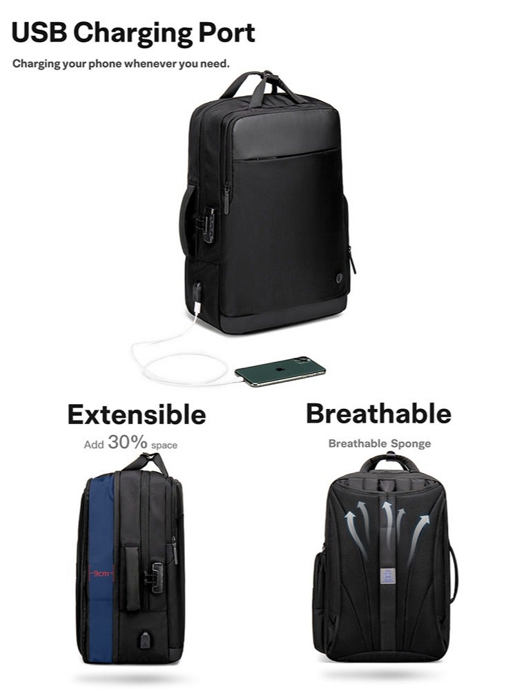 Golden Wolf Anti Theft Business Travel Expandable Laptop Backpack, Student Work Study Satchel with USB Charging Port for Men, Black - Image 5