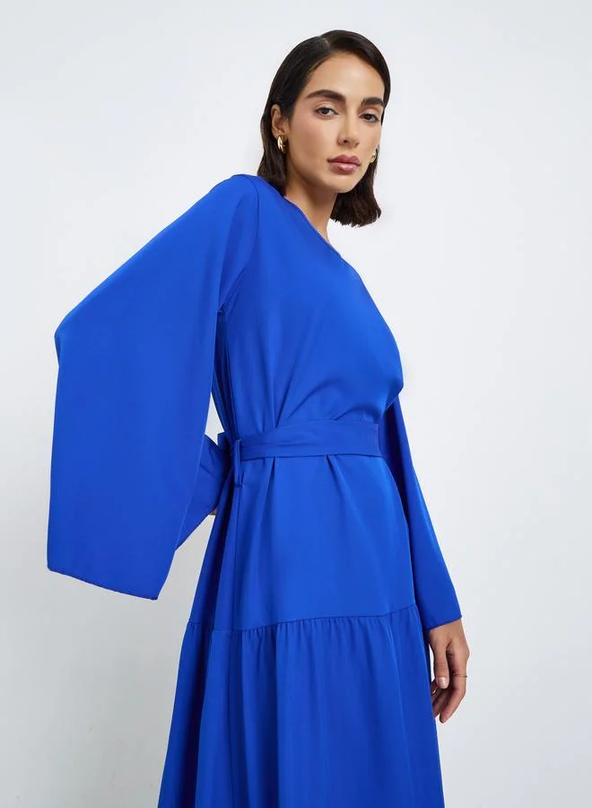 Styli Blue A-Line Maxi Dress with Tie Belt