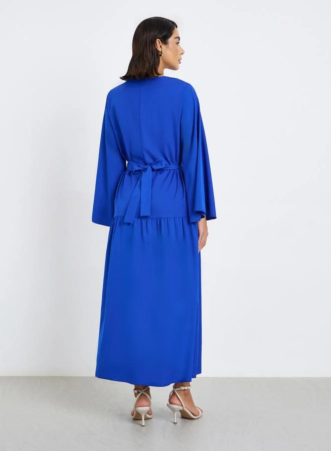 Styli Blue A-Line Maxi Dress with Tie Belt