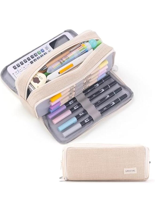 Generic 3 Compartment Pencil Case Bag Big Storage Pencil Pouch Pen Case for School Girls Boys, Beige 