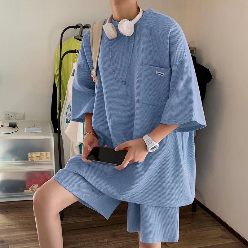 Summer Short Sleeve Tee  Shorts Mens Casual Suit Blue