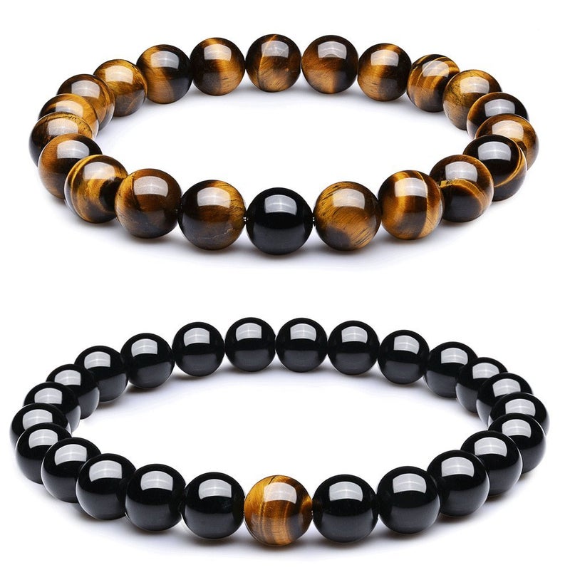 Wanmei 8mm Black Matte Agate & Tiger Eye Healing Energy Stone Beads Distance Bracelets For Couples(2 pcs) - Image 1