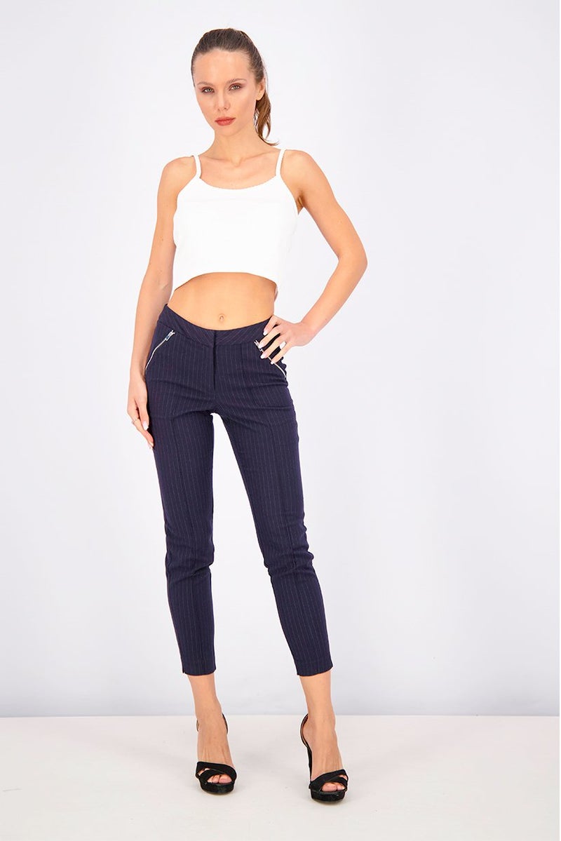 Mohito Women Pinstriped Zippered,Pocket Pant, Navy - Image 3