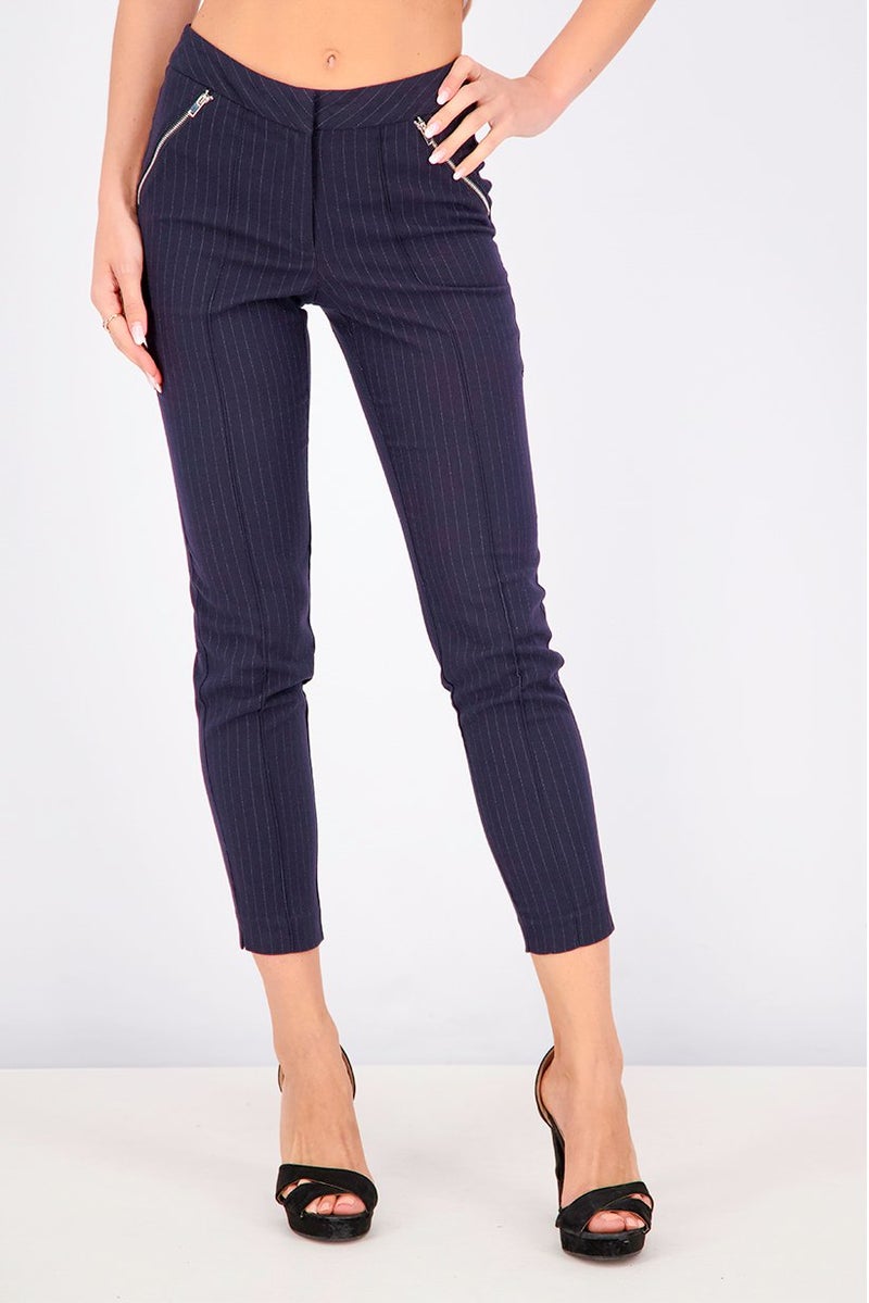 Mohito Women Pinstriped Zippered,Pocket Pant, Navy - Image 1