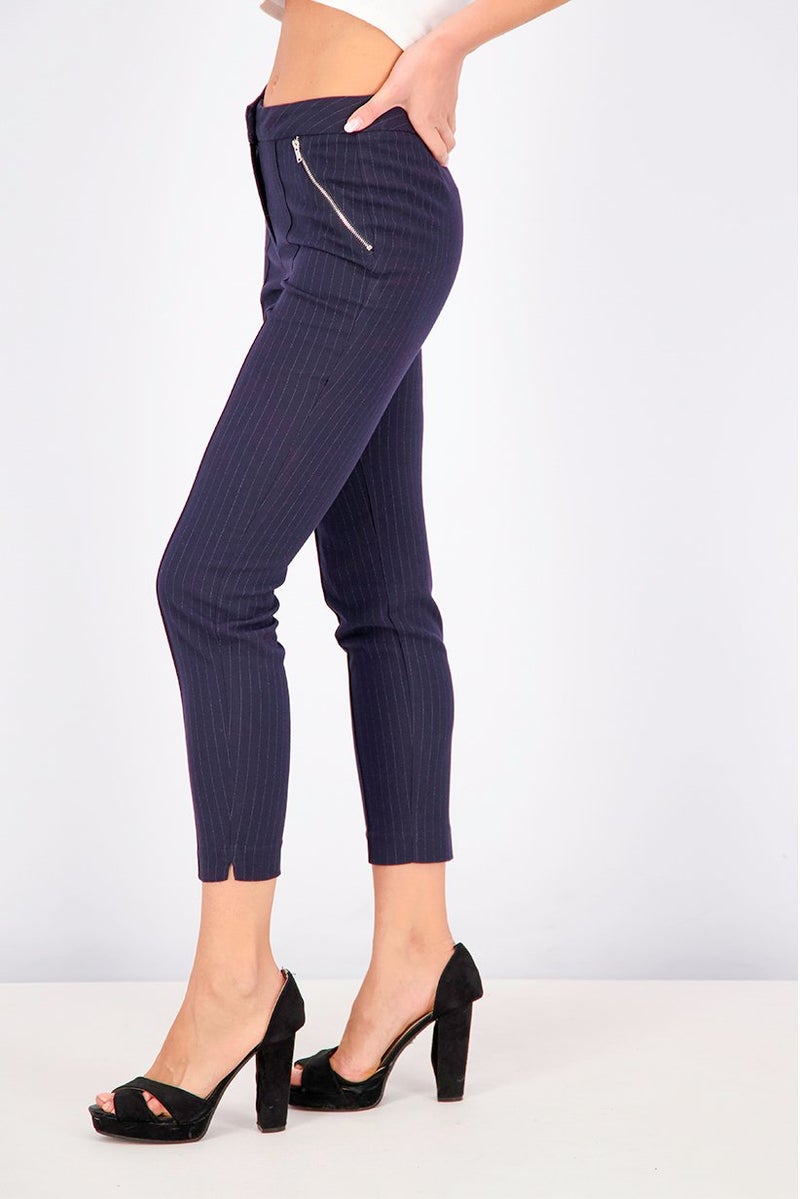 Mohito Women Pinstriped Zippered,Pocket Pant, Navy - Image 4