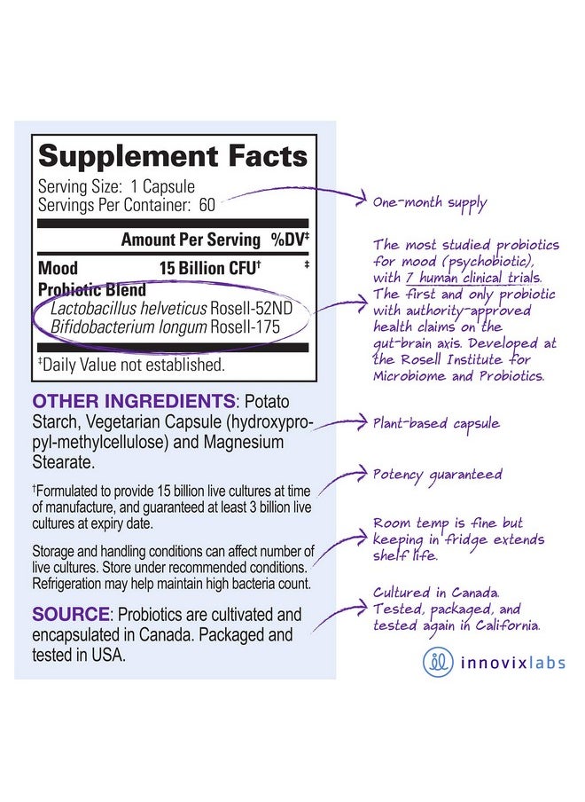 InnovixLabs - Mood Probiotic 1St Probiotic Formula Clinically Studied For Mood Support Lactobacillus Helveticus Rosell52Nd & Bifidobacterium Longum Rosell175 Probiotics For Men & Women 60 Capsules - Image 1