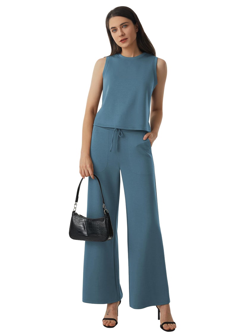 AFITNE Womens 2 Piece Outfits Air Essentials Sleeveless Tank Crop Top Wide Leg Sweatpants Lounge Set 2024 Tracksuit 29" Grey Blue, XS - Image 5