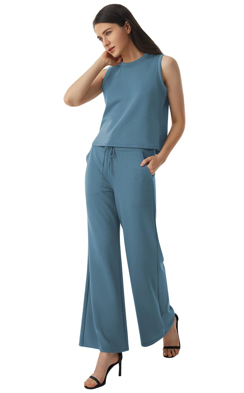 AFITNE Womens 2 Piece Outfits Air Essentials Sleeveless Tank Crop Top Wide Leg Sweatpants Lounge Set 2024 Tracksuit 29" Grey Blue, XS - Image 4