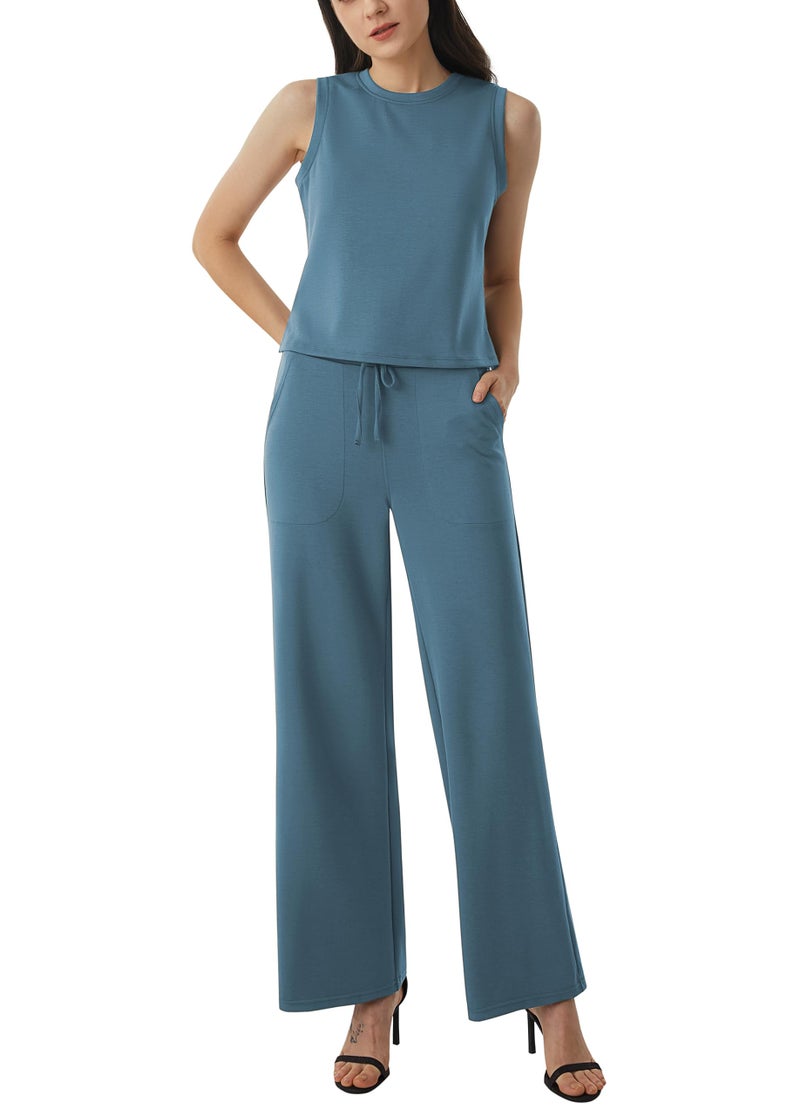 AFITNE Womens 2 Piece Outfits Air Essentials Sleeveless Tank Crop Top Wide Leg Sweatpants Lounge Set 2024 Tracksuit 29" Grey Blue, XS - Image 1