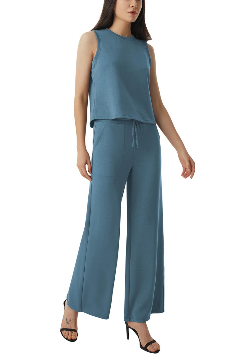 AFITNE Womens 2 Piece Outfits Air Essentials Sleeveless Tank Crop Top Wide Leg Sweatpants Lounge Set 2024 Tracksuit 29" Grey Blue, XS - Image 2
