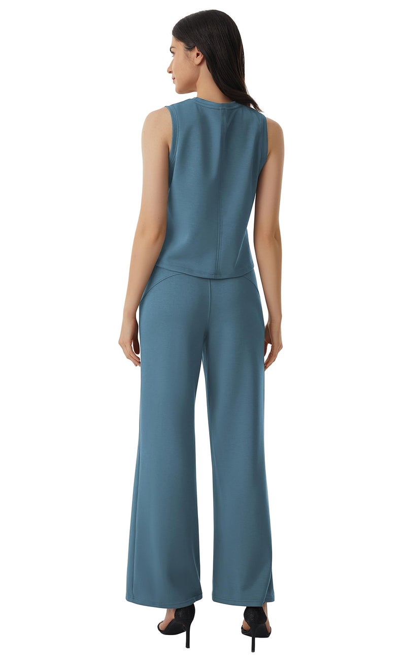 AFITNE Womens 2 Piece Outfits Air Essentials Sleeveless Tank Crop Top Wide Leg Sweatpants Lounge Set 2024 Tracksuit 29" Grey Blue, XS - Image 3