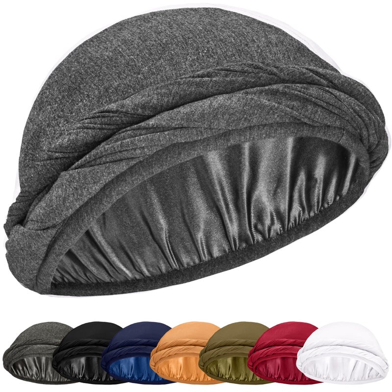CAPLORD Silk Satin Lined Halo Turban Head Wrap Pre-Tied Skull Wave Cap for Men and Women Sleeping Bonnet Hair Cover Chemo Hair Loss Hat Head Cover Durag Dark Gray - Image 1