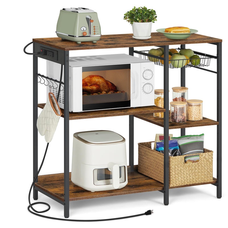 VASAGLE VASAGLE Bakers Rack Coffee Bar Stand with Charging Station Storage Shelves PullOut Wire Basket Table for Microwave Kitchen Rustic Brown UKKS036K01 157 x 354 x 356 Inches