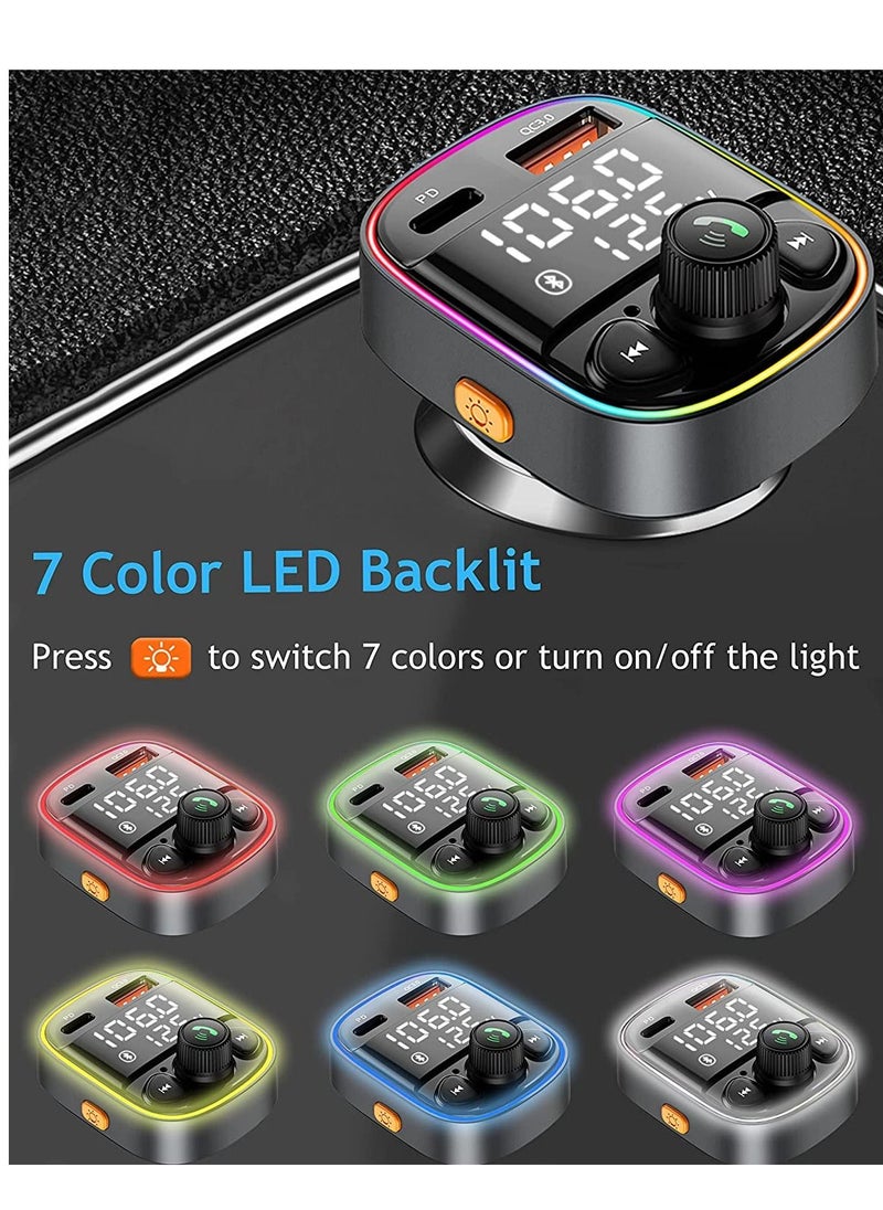 Generic - Wireless Bluetooth Car Adapter,FM Transmitter AUX Radio Receiver,Handsfree Call,QC3.0 & Type-C USB Car Charger Ports, 7 Color Backlit with 2 LED Display, TF Card & USB Music Player - Image 1